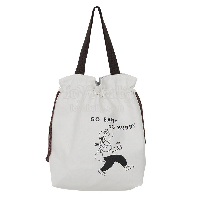 drawstring collapsible canvas lunch bag for women and men in off white
