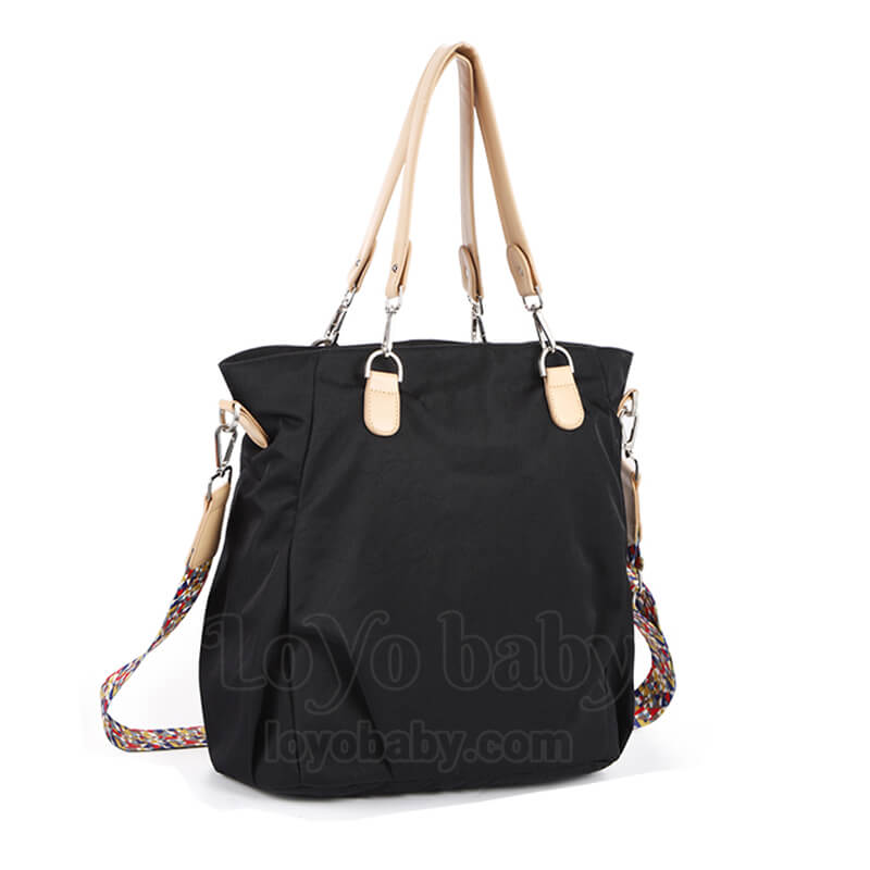 black stylish waterproof nylon diaper tote bag for moms with shoulder straps
