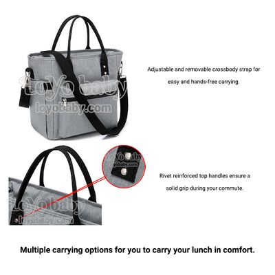 fashionable women lunch tote bag for work with shoulders straps and dual handles