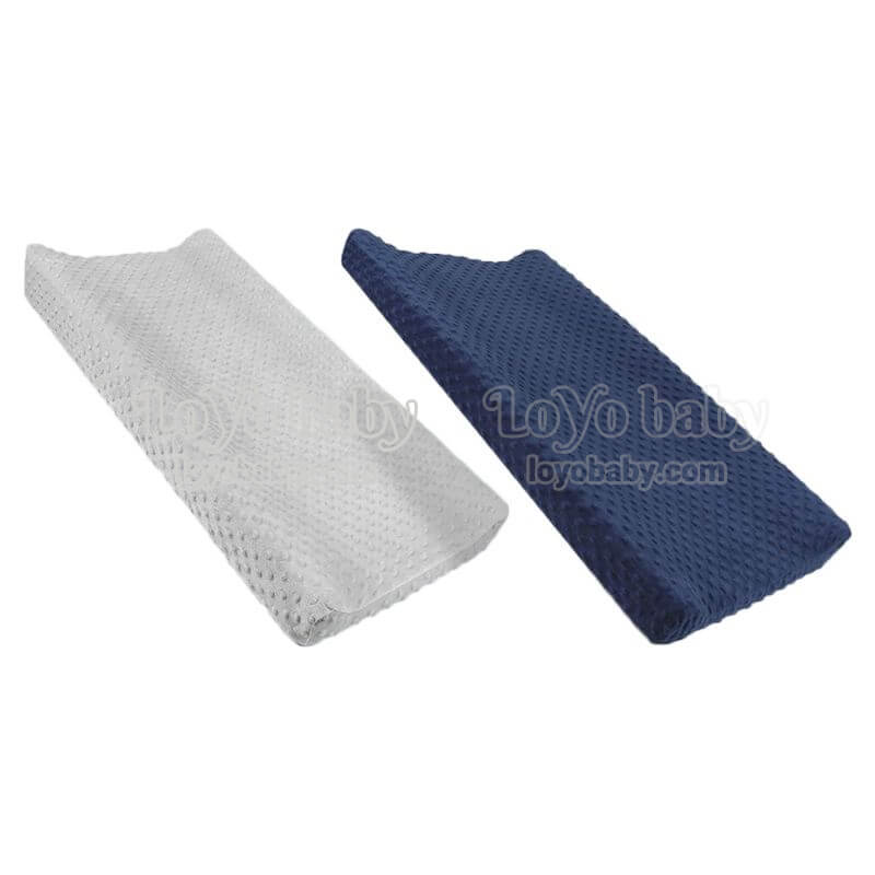 gray and dark blue plush changing pad cover set for baby boys and girls fits flat and contoured changing pad with holes in middle for straps