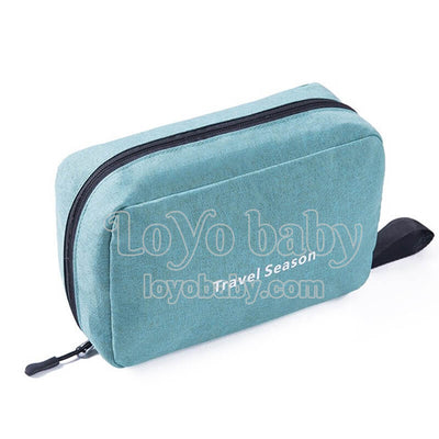 green portable toiletry bag with hanging hook and handle