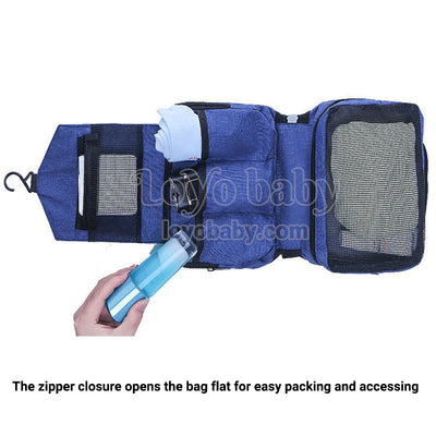 hanging travel toiletry bag that opens flat for easy packing toiletries