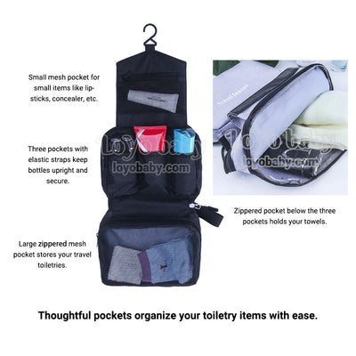 hanging travel wash bag with multiple pockets