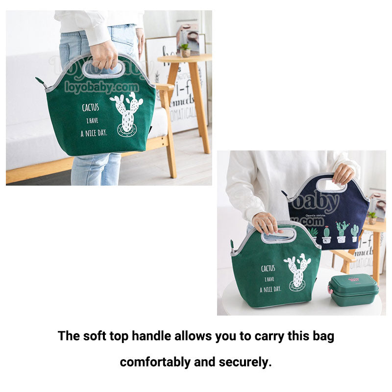 insulated cotton canvas cactus lunch bag tote for adult with handles