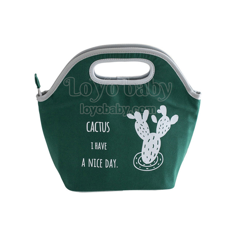 modern foldable cactus insulated canvas lunch tote for adults in dark green