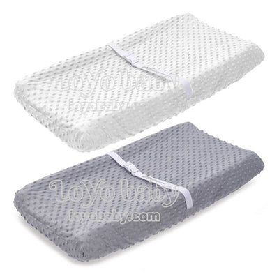 white and gray plush changing pad covers set for baby boys and girls flat and contour with holes in middle or straps